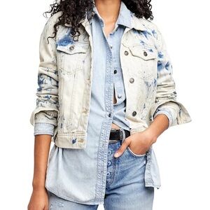 Free People Bleached White and Blue Denim Jean Jacket
